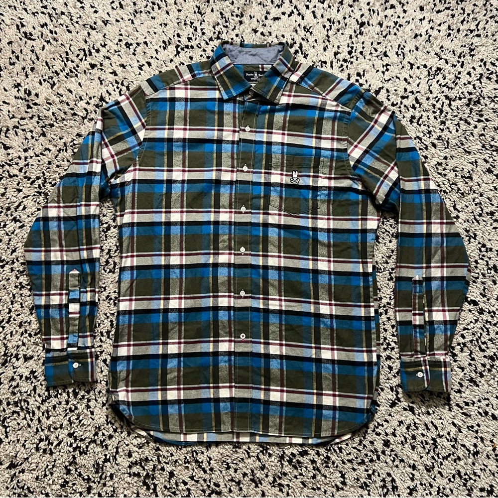 Psycho Bunny Men’s Plaid Flannel Shirt Green Blue White Long Sleeve Size Large